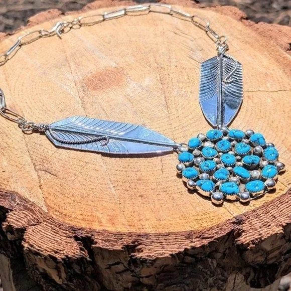 Native American Chain Necklace Handmade Cluster Turquoise 2 Large Leaves*** - Picture 8 of 11